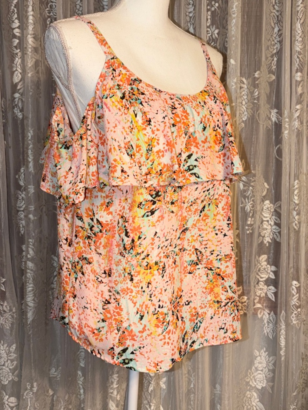 Multi-Color Floral Ruffle Cold-Shoulder Blouse - Picture 2 of 5